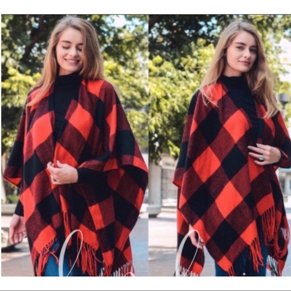 RED BUFFALO PLAID PONCHO/WRAP - Picture 4 of 8